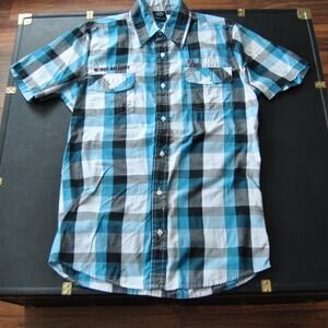 Burnside Detroit Not Sorry Blue Plaid Button Down Short Sleeve Shirt small